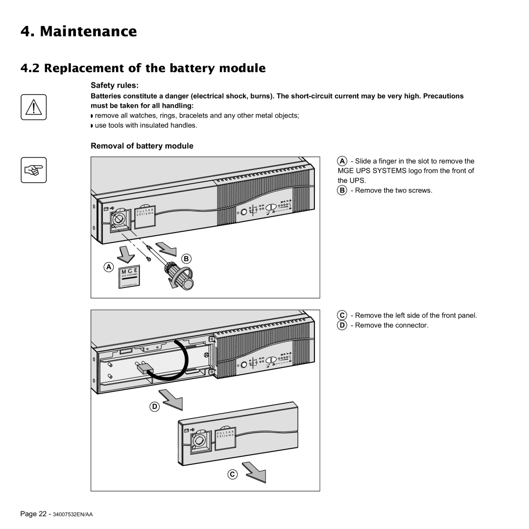 MGE UPS Systems 2200C, 3200C user manual Replacement of the battery module, Safety rules, Removal of battery module 