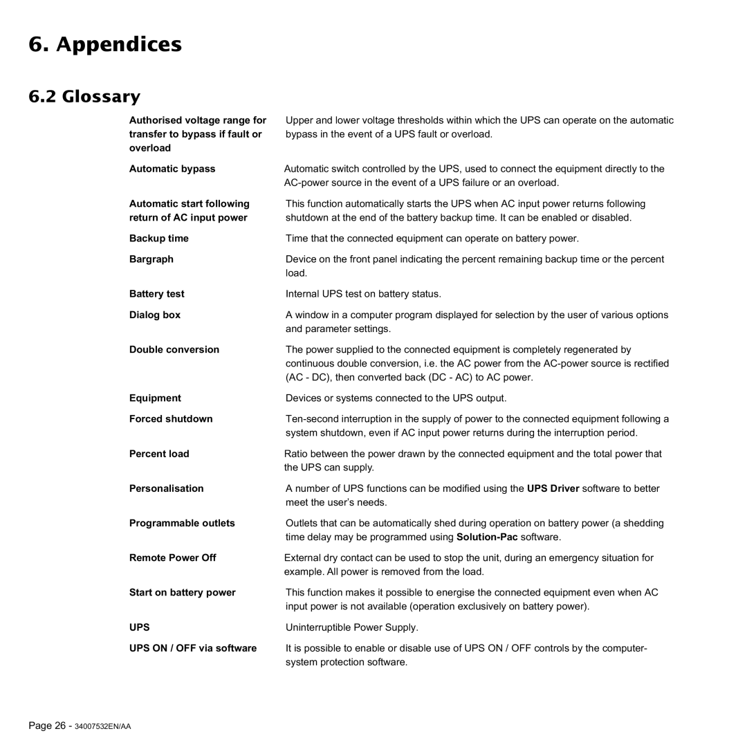 MGE UPS Systems 2200C, 3200C user manual Glossary, UPS on / OFF via software 