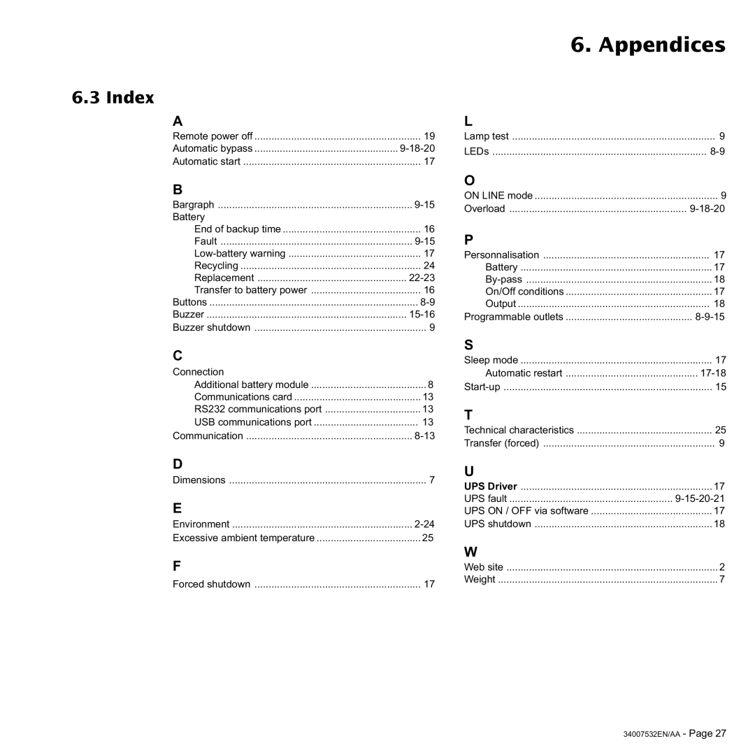 MGE UPS Systems 3200C, 2200C user manual Index, Connection 