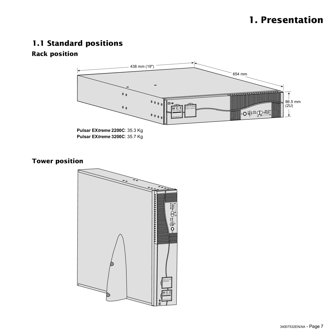 MGE UPS Systems 3200C, 2200C user manual Presentation, Standard positions, Rack position, Tower position 