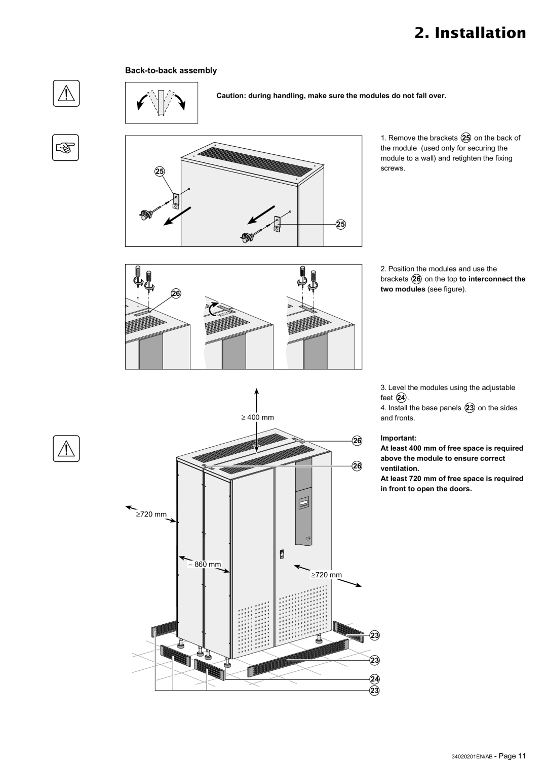 MGE UPS Systems 250A user manual Back-to-back assembly, ≥ 400 mm 