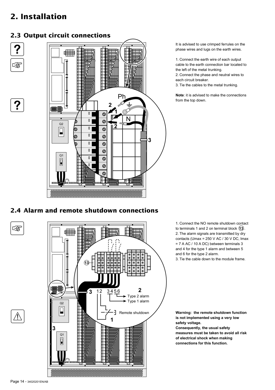 MGE UPS Systems 250A user manual Output circuit connections, Alarm and remote shutdown connections 