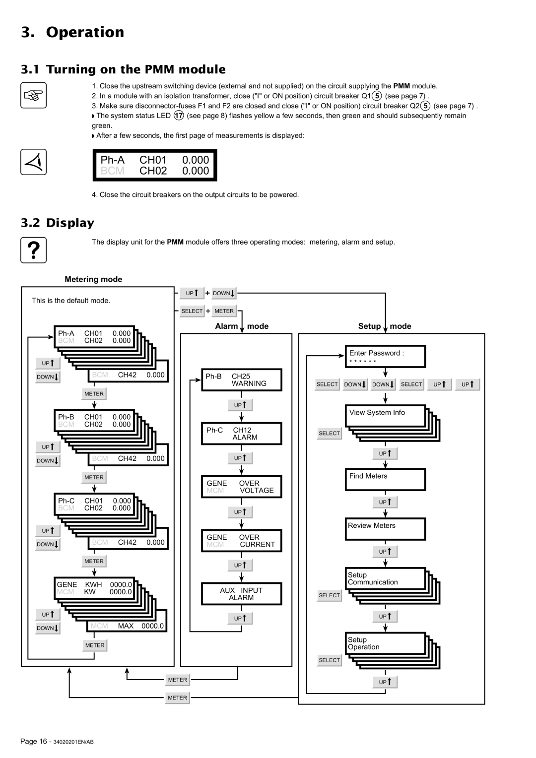 MGE UPS Systems 250A user manual Operation, Turning on the PMM module, Display 