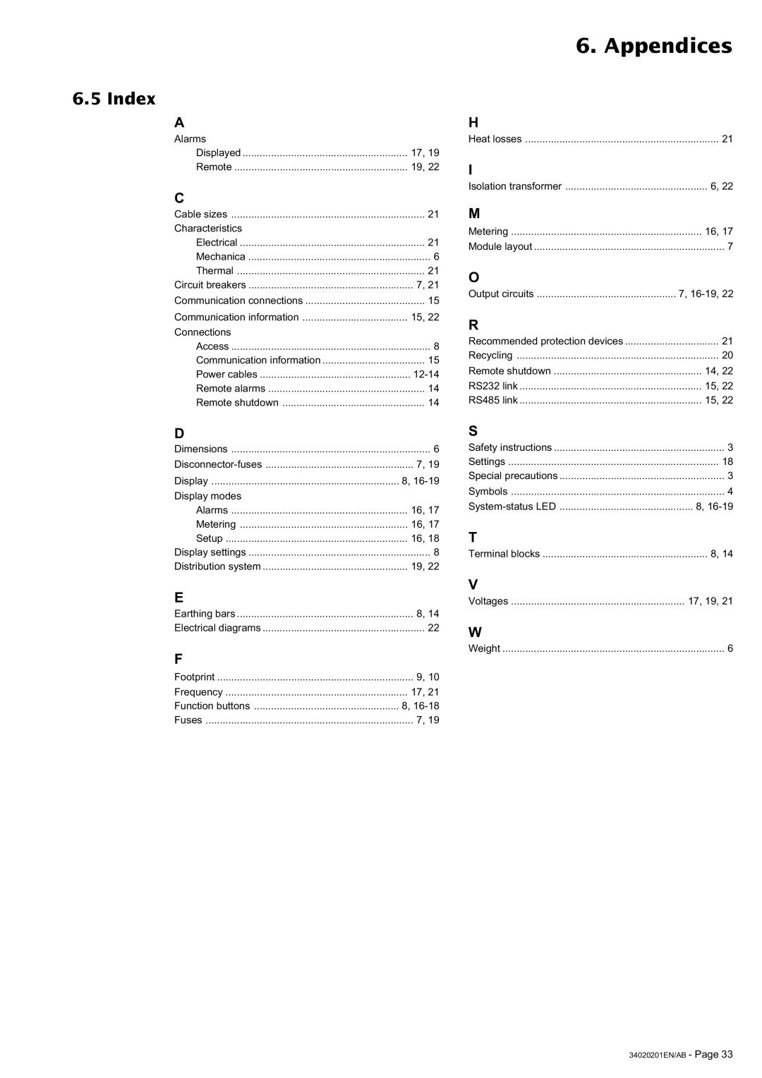 MGE UPS Systems 250A user manual Index, Output circuits 16-19 