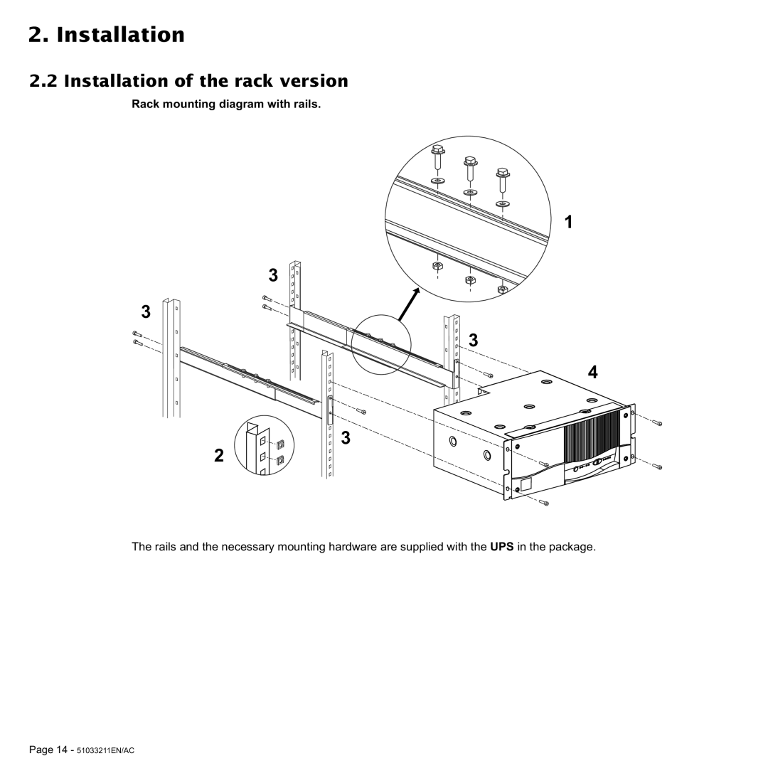 MGE UPS Systems 3000 VA, 2000 user manual Installation of the rack version, Rack mounting diagram with rails 