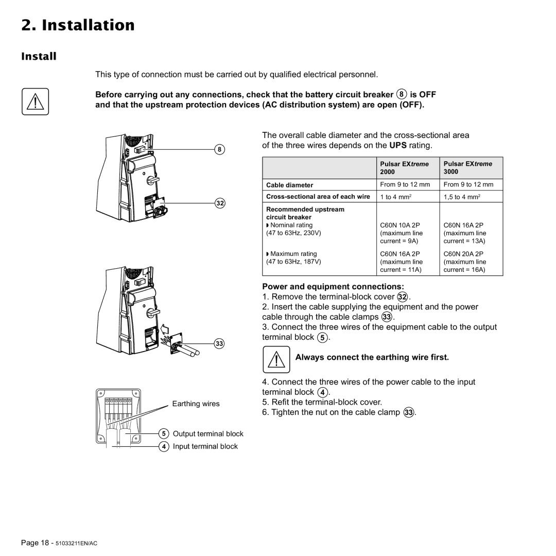 MGE UPS Systems 3000 VA, 2000 user manual Install, Power and equipment connections 