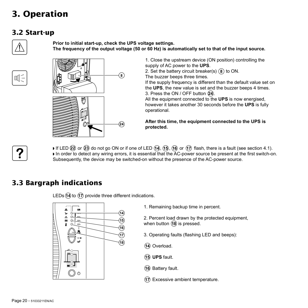 MGE UPS Systems 3000 VA, 2000 user manual Start-up, Bargraph indications 