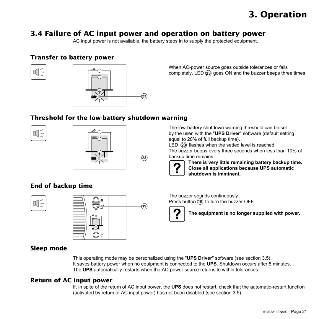 MGE UPS Systems 2000, 3000 VA user manual Failure of AC input power and operation on battery power 