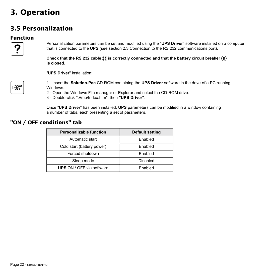 MGE UPS Systems 3000 VA, 2000 Personalization, Function, On / OFF conditions tab, Personalizable function Default setting 