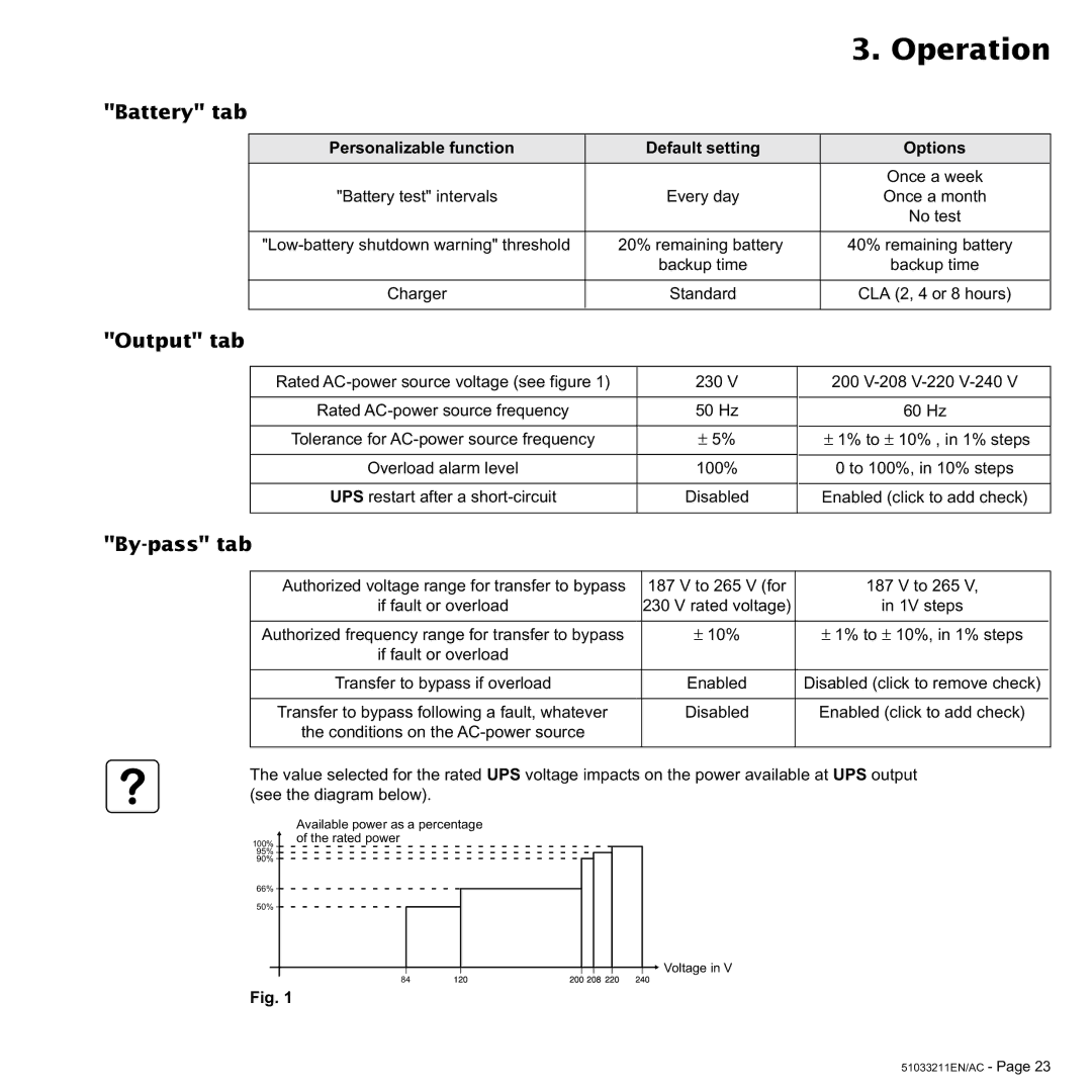 MGE UPS Systems 2000, 3000 VA Battery tab, Output tab, By-pass tab, Personalizable function Default setting Options 