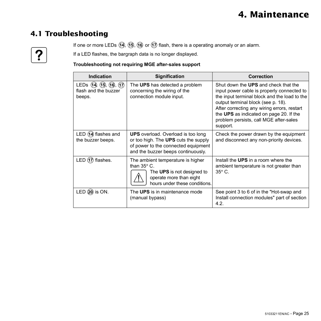 MGE UPS Systems 2000, 3000 VA user manual Maintenance, Troubleshooting 