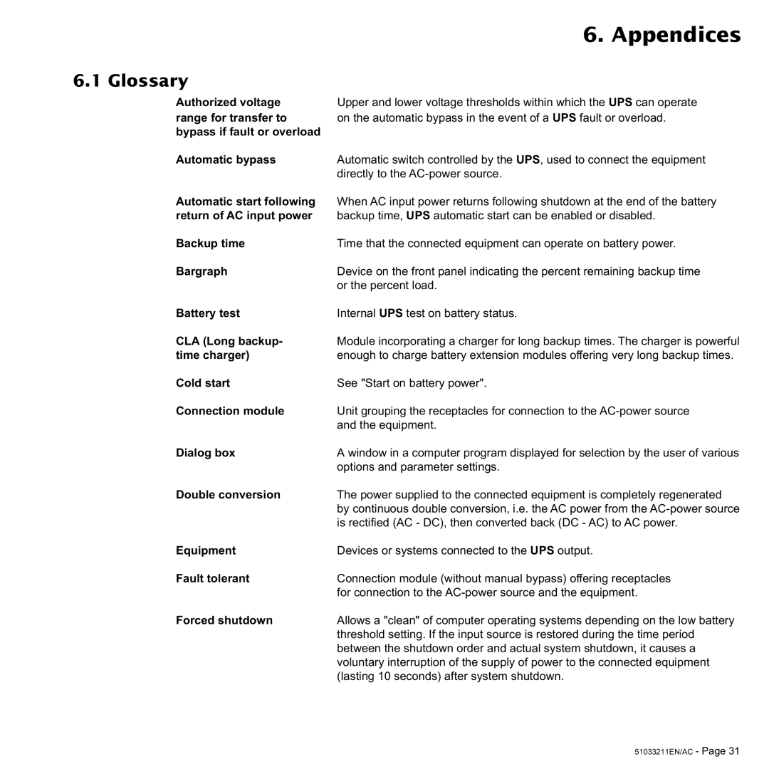 MGE UPS Systems 2000, 3000 VA user manual Appendices, Glossary 