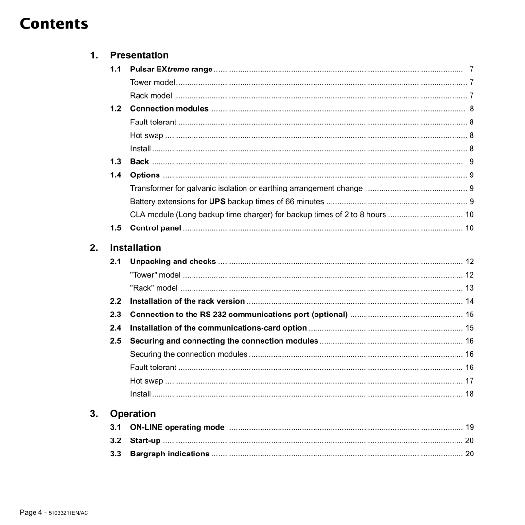 MGE UPS Systems 3000 VA, 2000 user manual Contents 