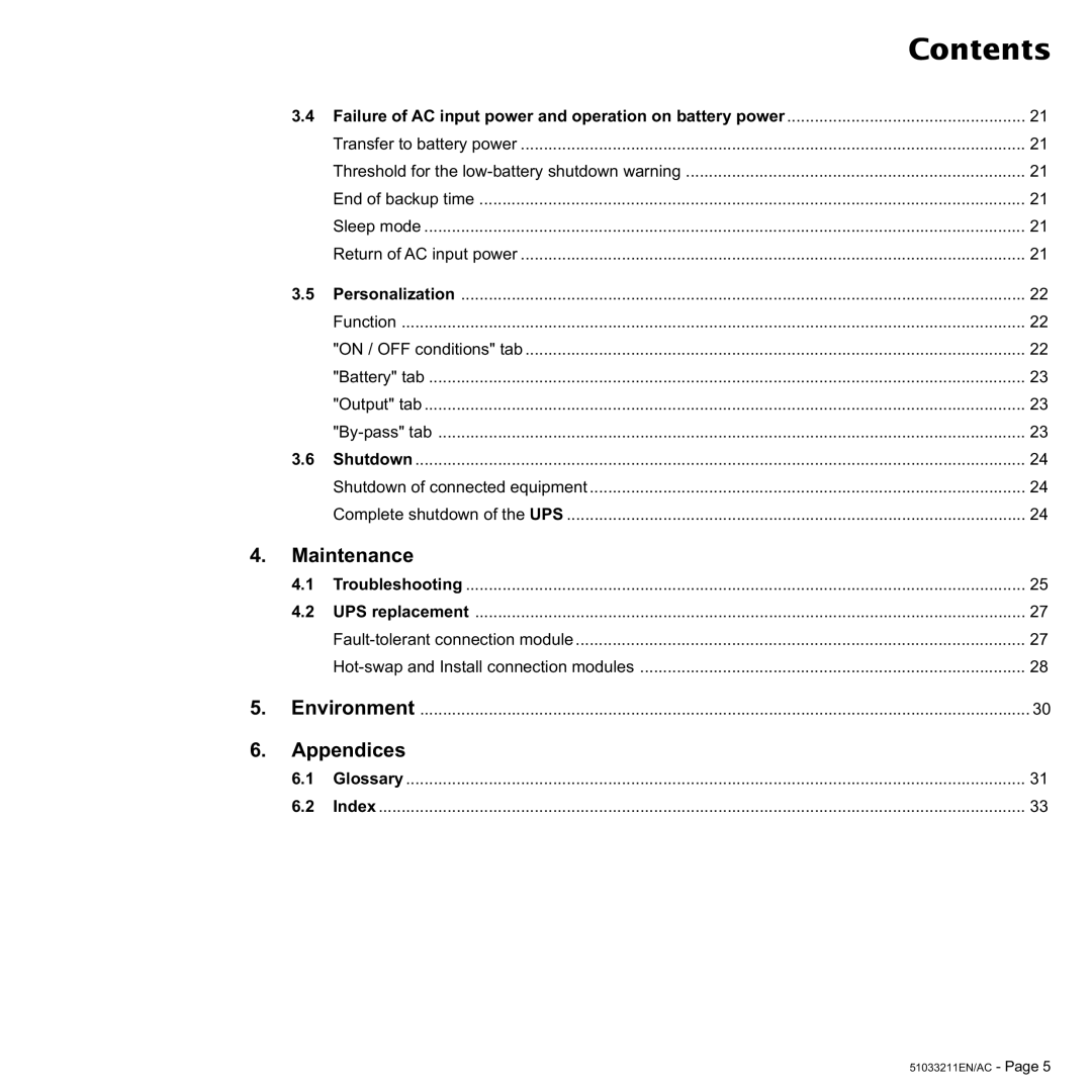 MGE UPS Systems 2000, 3000 VA user manual Failure of AC input power and operation on battery power, Glossary Index 