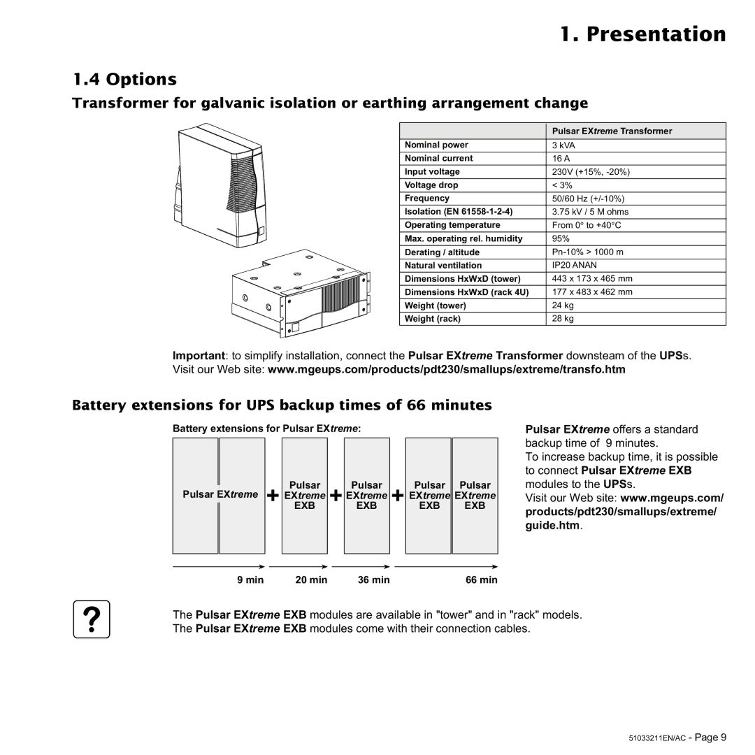 MGE UPS Systems 2000, 3000 VA user manual Options, Battery extensions for UPS backup times of 66 minutes 