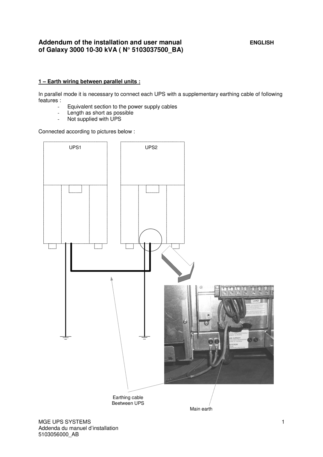 MGE UPS Systems user manual Galaxy 3000 10-30 kVA N 5103037500BA, Earth wiring between parallel units 