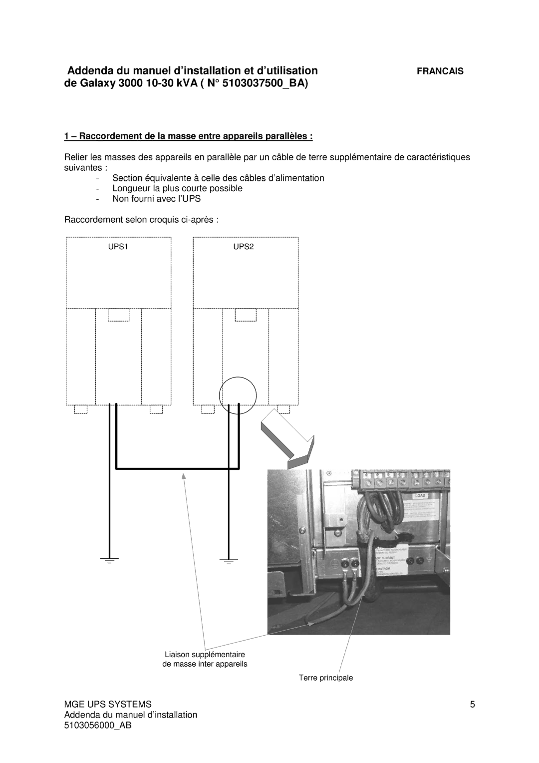 MGE UPS Systems user manual Addenda du manuel d’installation et d’utilisation, De Galaxy 3000 10-30 kVA N 5103037500BA 