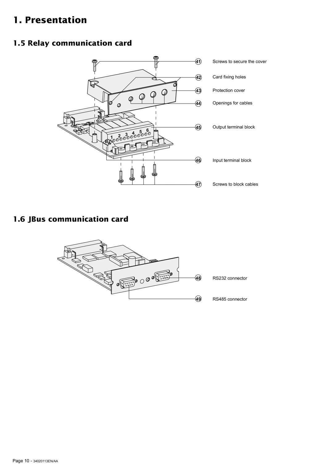 MGE UPS Systems 30A user manual Relay communication card, JBus communication card, Output terminal block 