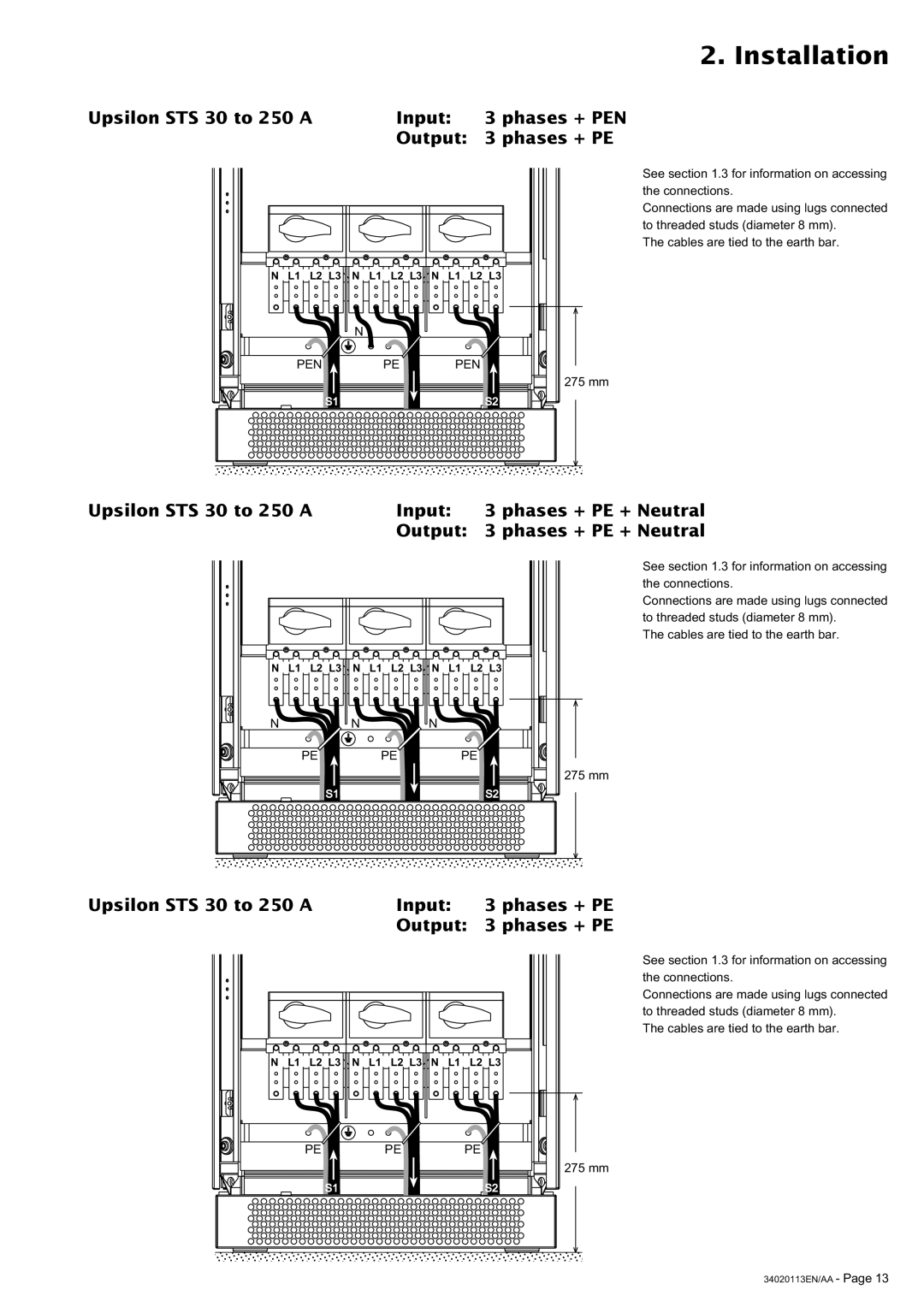 MGE UPS Systems 30A user manual Upsilon STS 30 to 250 a Input Phases + PEN Output 