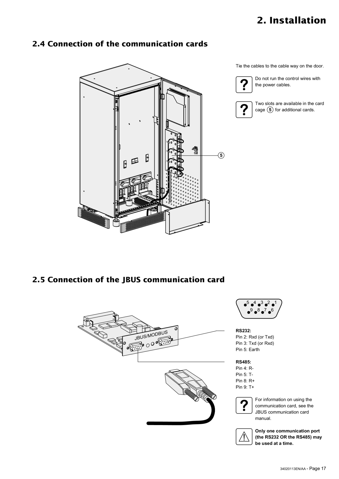 MGE UPS Systems 30A Connection of the communication cards, Connection of the Jbus communication card, RS232, RS485 