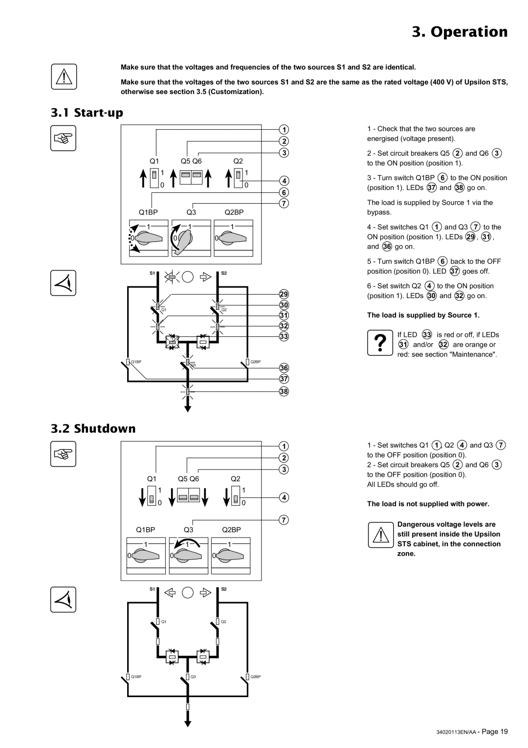 MGE UPS Systems 30A user manual Operation, Start-up, Shutdown, Load is supplied by Source, Load is not supplied with power 