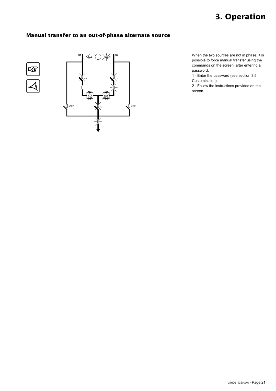 MGE UPS Systems 30A user manual Manual transfer to an out-of-phase alternate source 