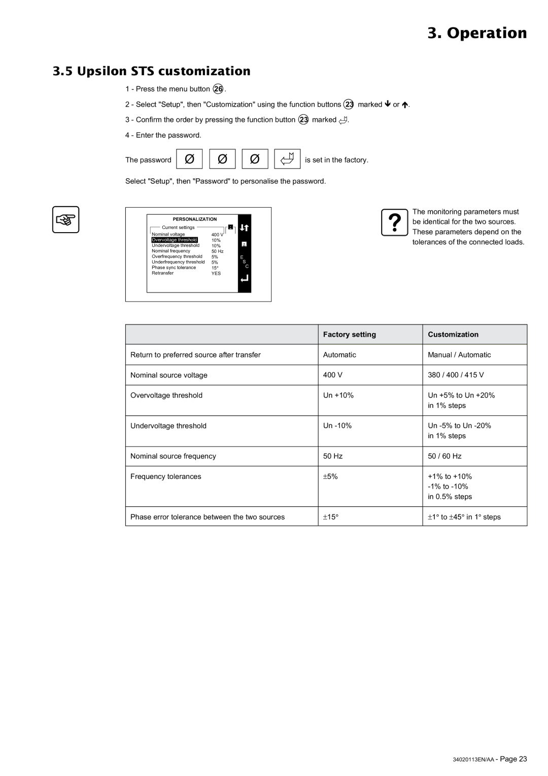 MGE UPS Systems 30A user manual Upsilon STS customization, Factory setting Customization 