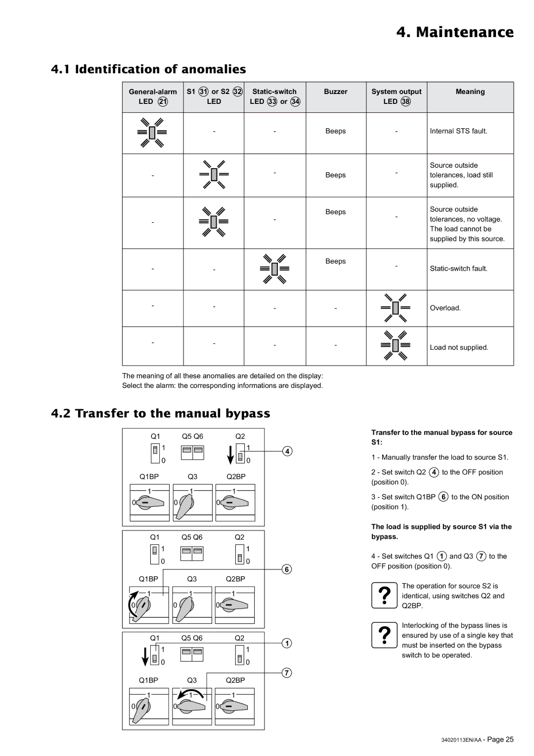 MGE UPS Systems 30A user manual Maintenance, Identification of anomalies, Transfer to the manual bypass 