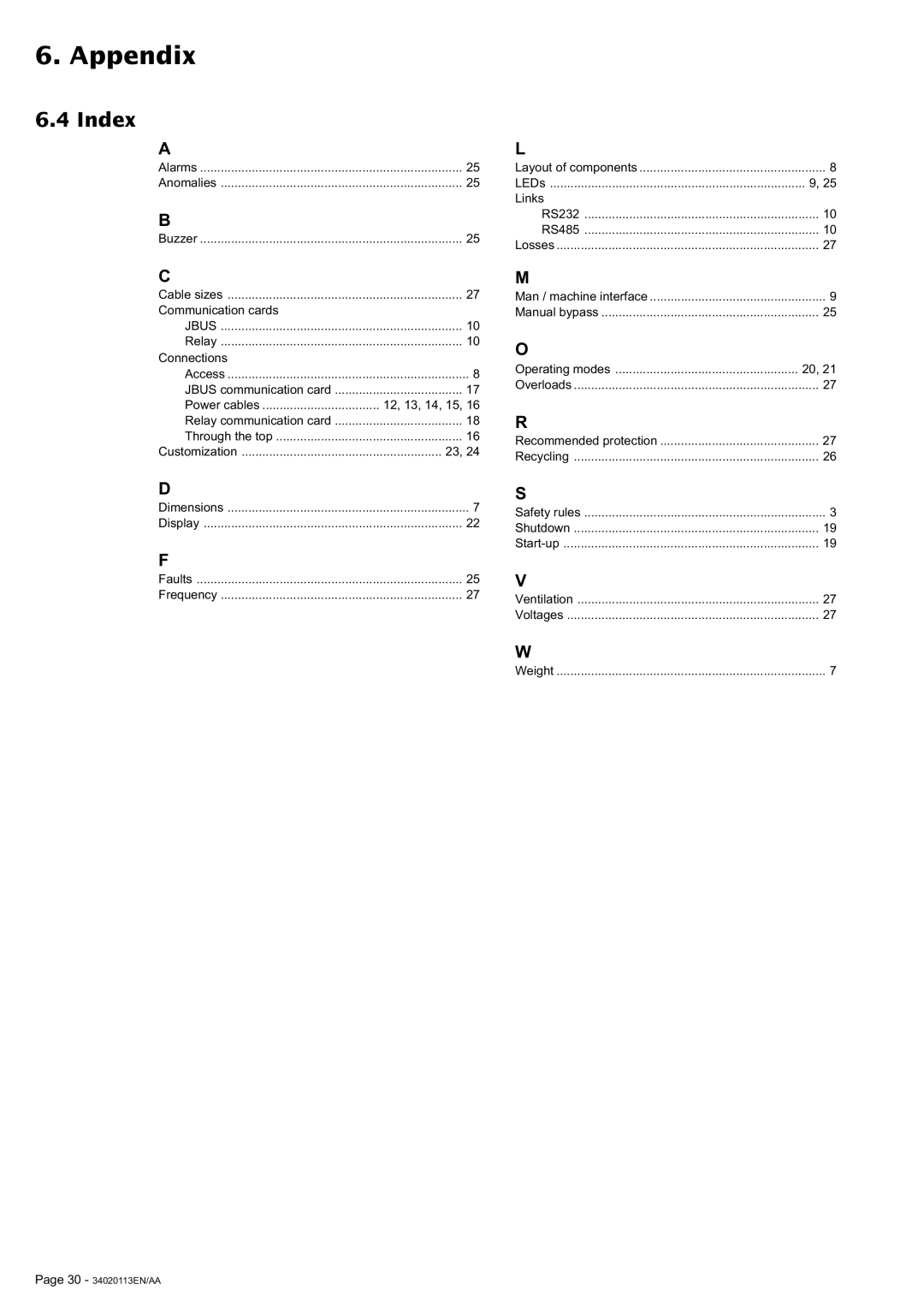 MGE UPS Systems 30A user manual Index, Connections 