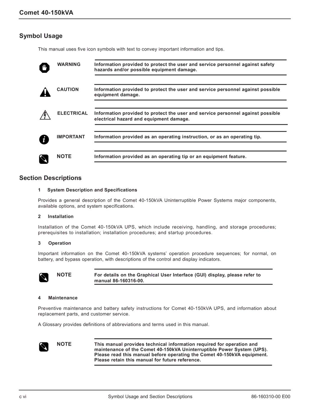 MGE UPS Systems user manual Comet 40-150kVA Symbol Usage, Section Descriptions 