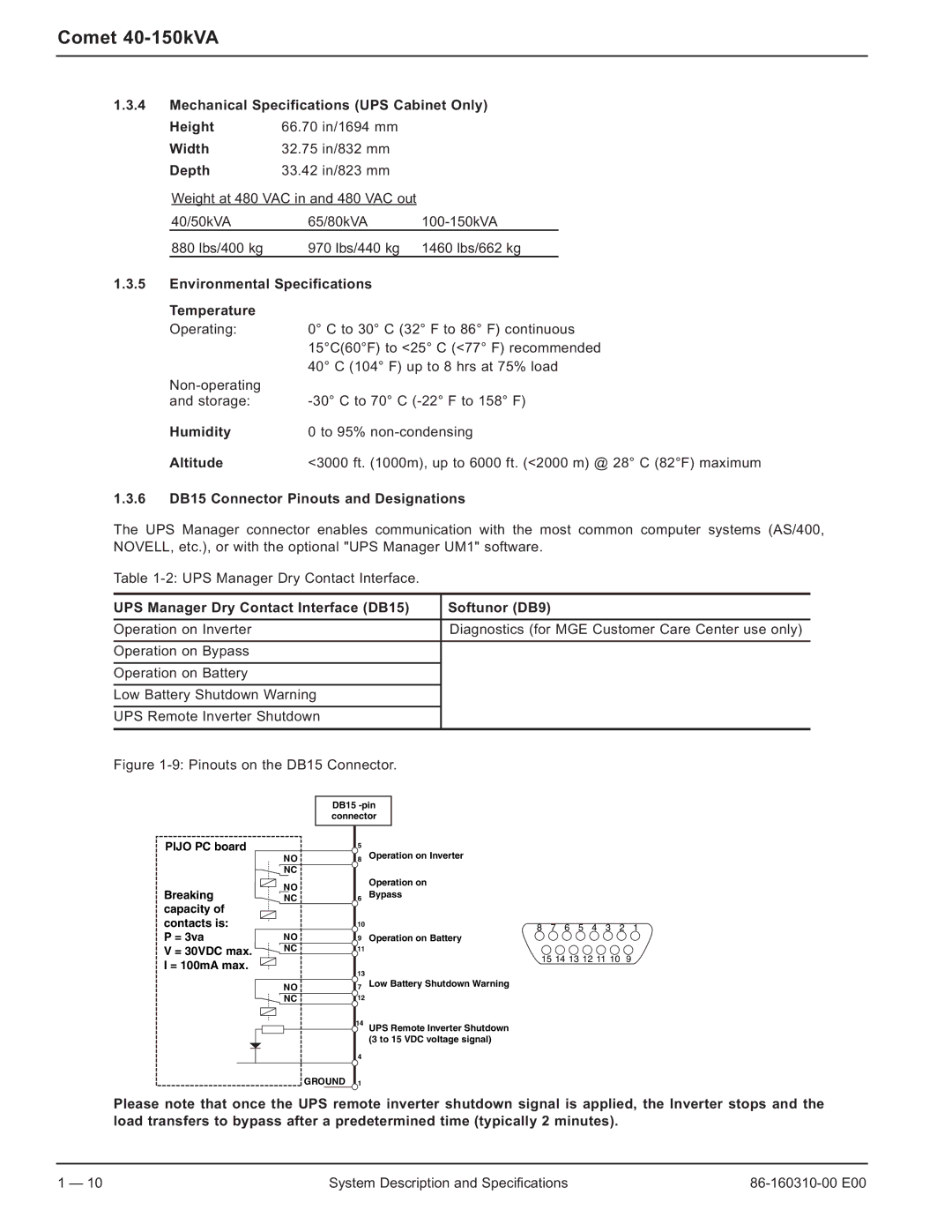 MGE UPS Systems 40-150kVA user manual Environmental Specifications Temperature, Humidity, Altitude 