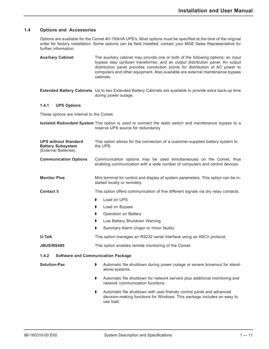 MGE UPS Systems 40-150kVA user manual Options and Accessories 