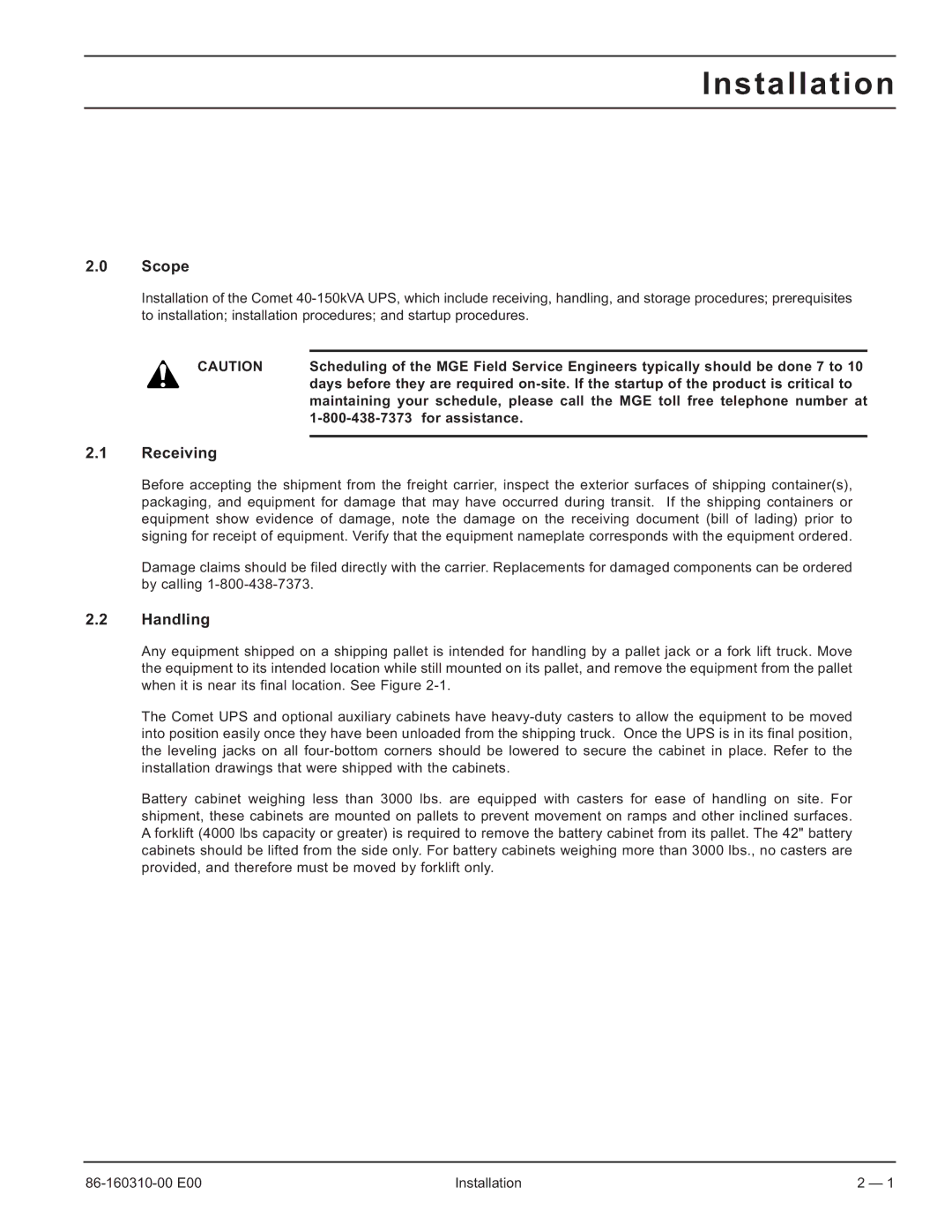 MGE UPS Systems 40-150kVA user manual Installation, Receiving, Handling, For assistance 