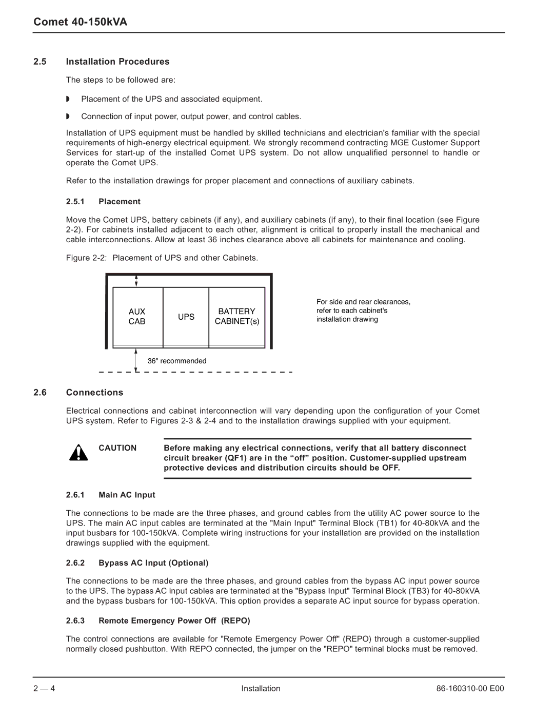 MGE UPS Systems 40-150kVA user manual Installation Procedures, Connections 