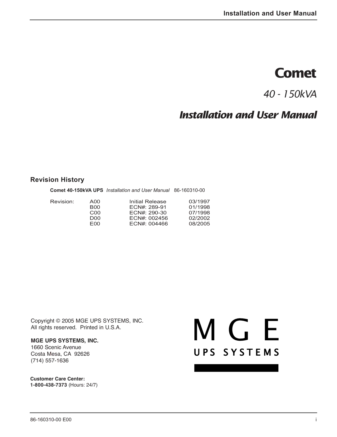 MGE UPS Systems 40-150kVA user manual Comet, Revision History 