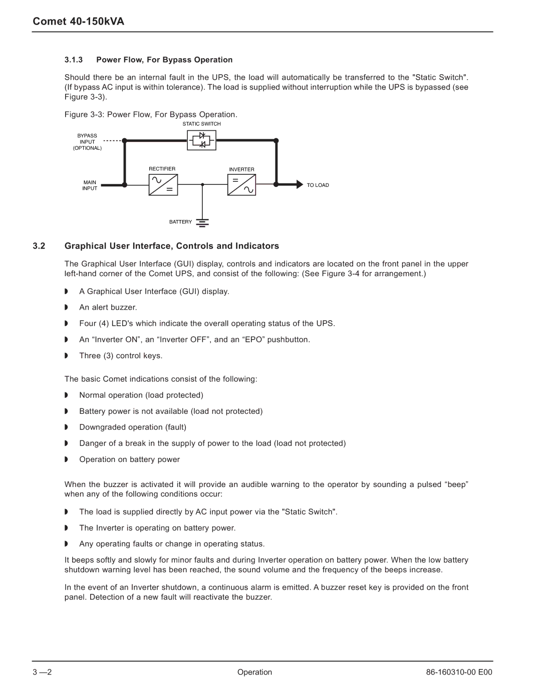 MGE UPS Systems 40-150kVA user manual Graphical User Interface, Controls and Indicators, Power Flow, For Bypass Operation 