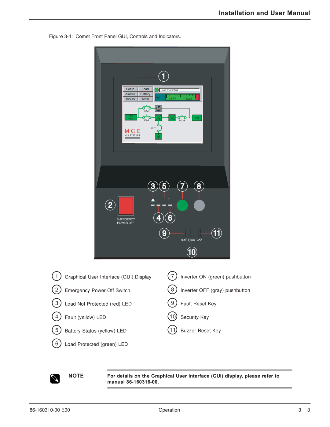 MGE UPS Systems 40-150kVA user manual Comet Front Panel GUI, Controls and Indicators 