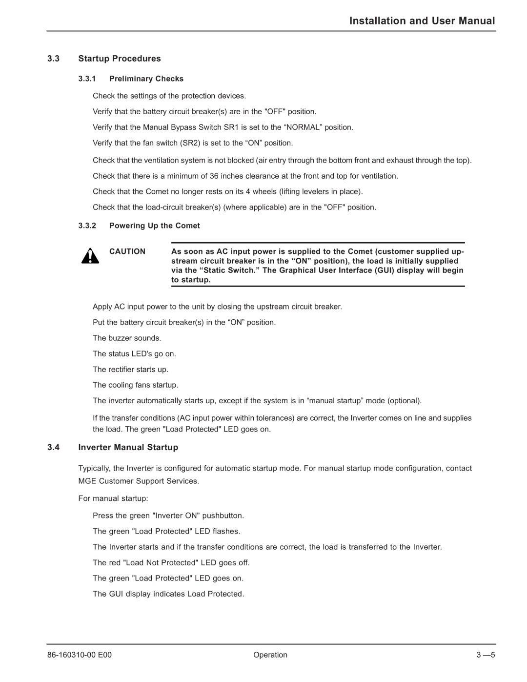 MGE UPS Systems 40-150kVA user manual Startup Procedures, Inverter Manual Startup, Preliminary Checks 