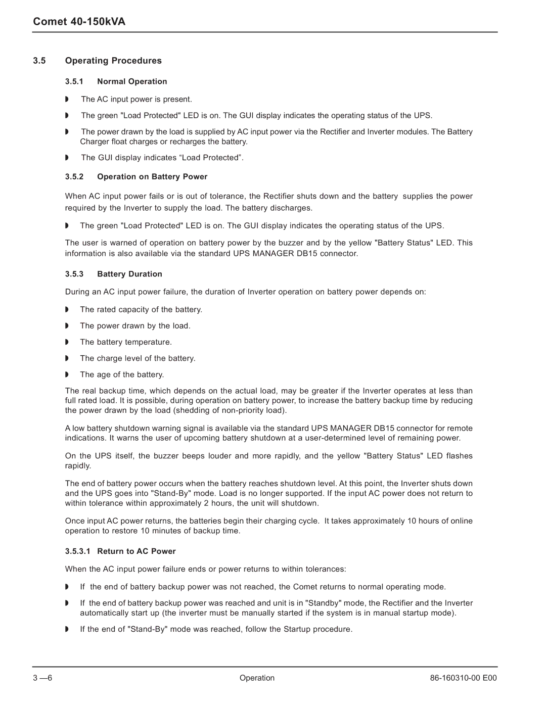 MGE UPS Systems 40-150kVA user manual Operating Procedures, Normal Operation, Operation on Battery Power, Battery Duration 