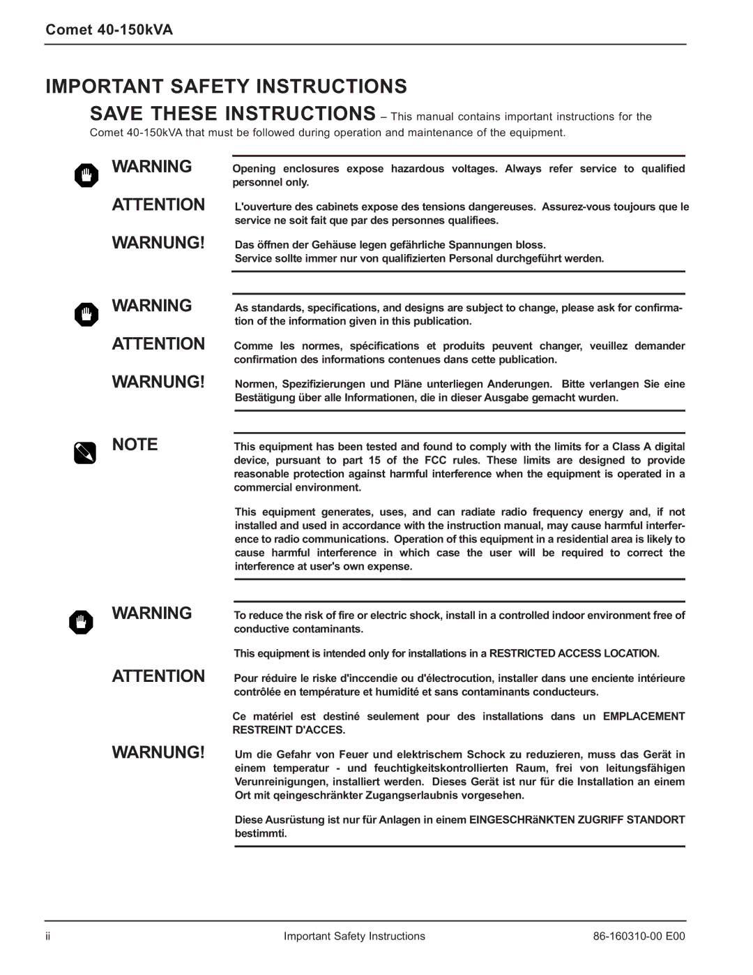 MGE UPS Systems user manual Important Safety Instructions, Comet 40-150kVA 