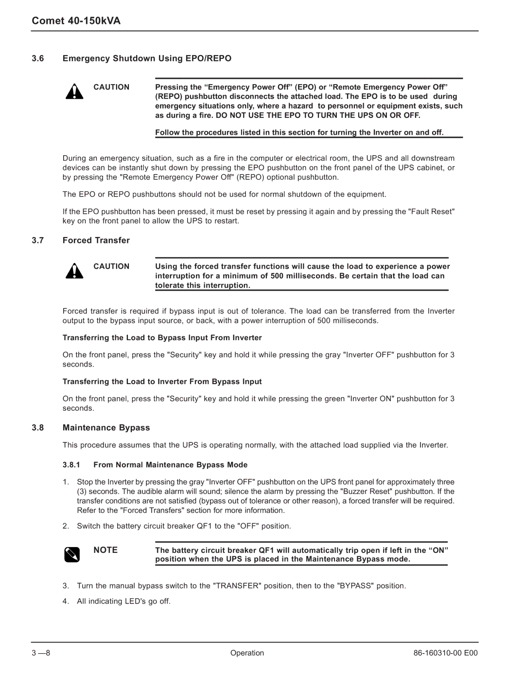 MGE UPS Systems 40-150kVA user manual Emergency Shutdown Using EPO/REPO, Forced Transfer, Maintenance Bypass 