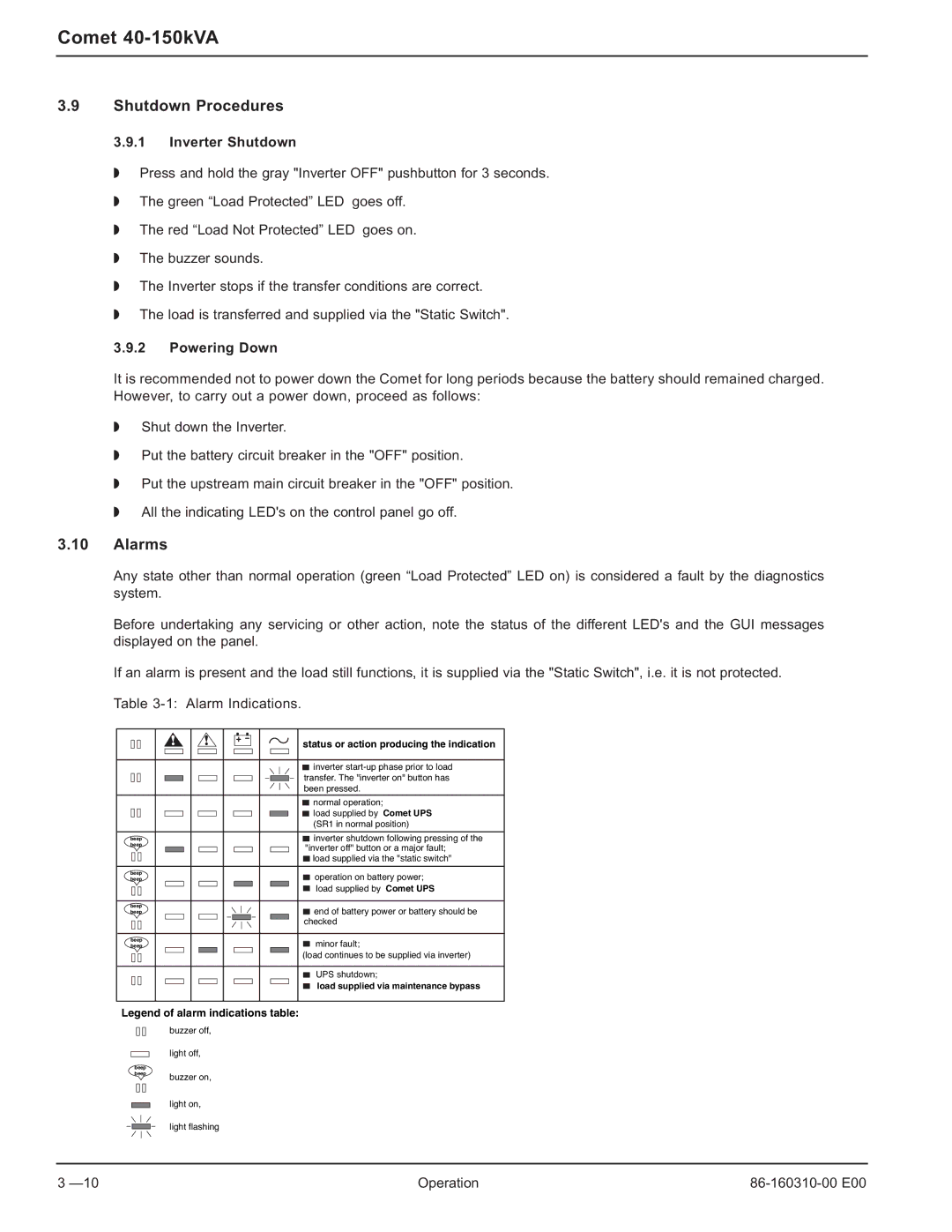 MGE UPS Systems 40-150kVA user manual Shutdown Procedures, Alarms, Inverter Shutdown, Powering Down 