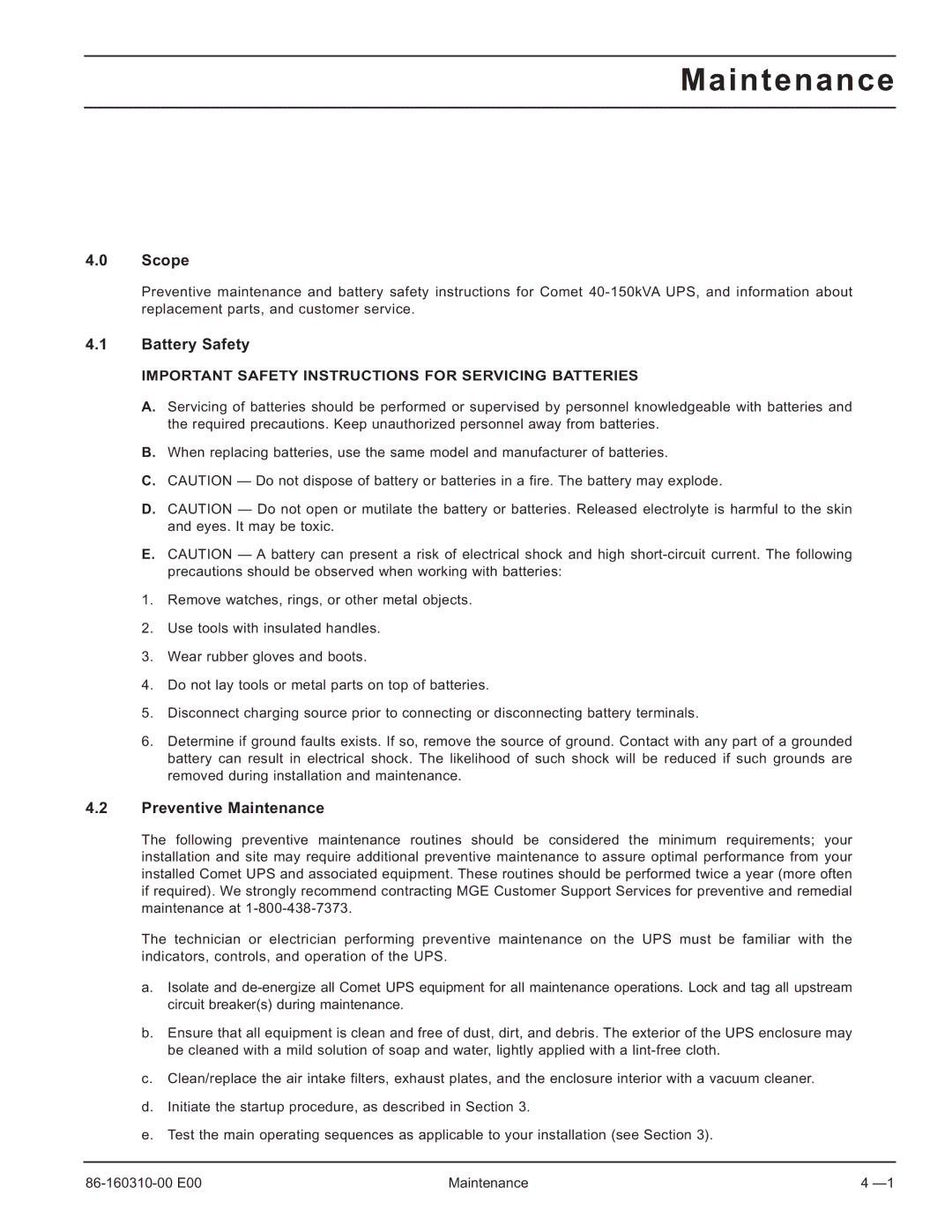 MGE UPS Systems 40-150kVA user manual Battery Safety, Preventive Maintenance 