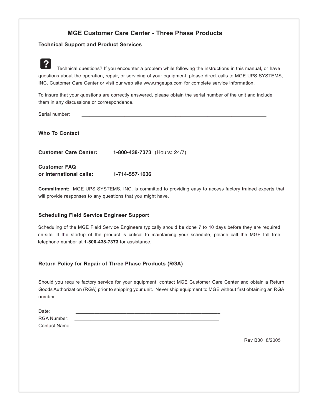 MGE UPS Systems 40-150kVA user manual MGE Customer Care Center Three Phase Products, Technical Support and Product Services 