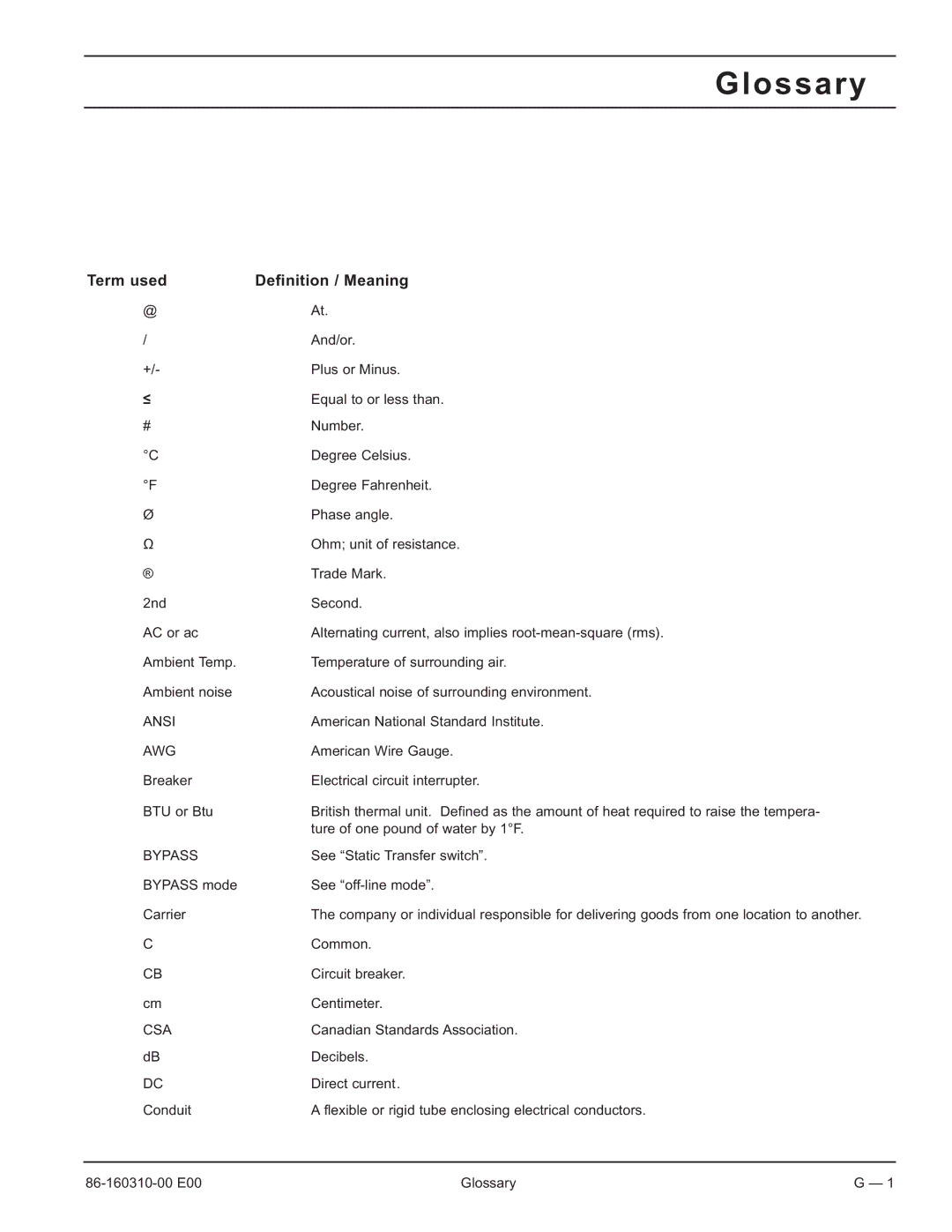 MGE UPS Systems 40-150kVA user manual Glossary, Term used Definition / Meaning 