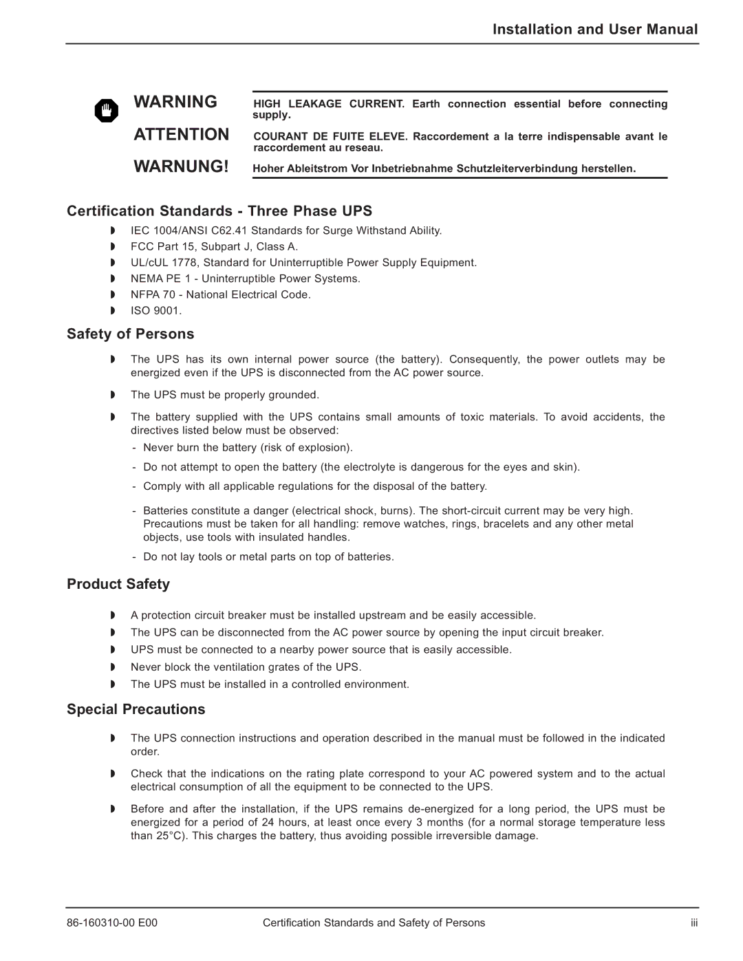 MGE UPS Systems 40-150kVA Certification Standards Three Phase UPS, Safety of Persons, Product Safety, Special Precautions 