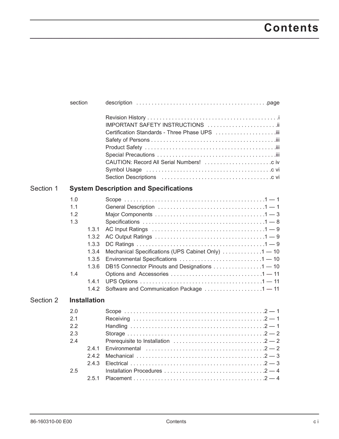 MGE UPS Systems 40-150kVA user manual Contents 