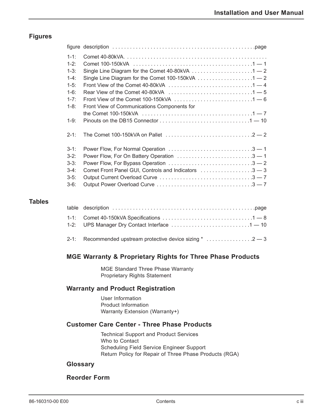 MGE UPS Systems 40-150kVA Tables, MGE Warranty & Proprietary Rights for Three Phase Products, Glossary Reorder Form 