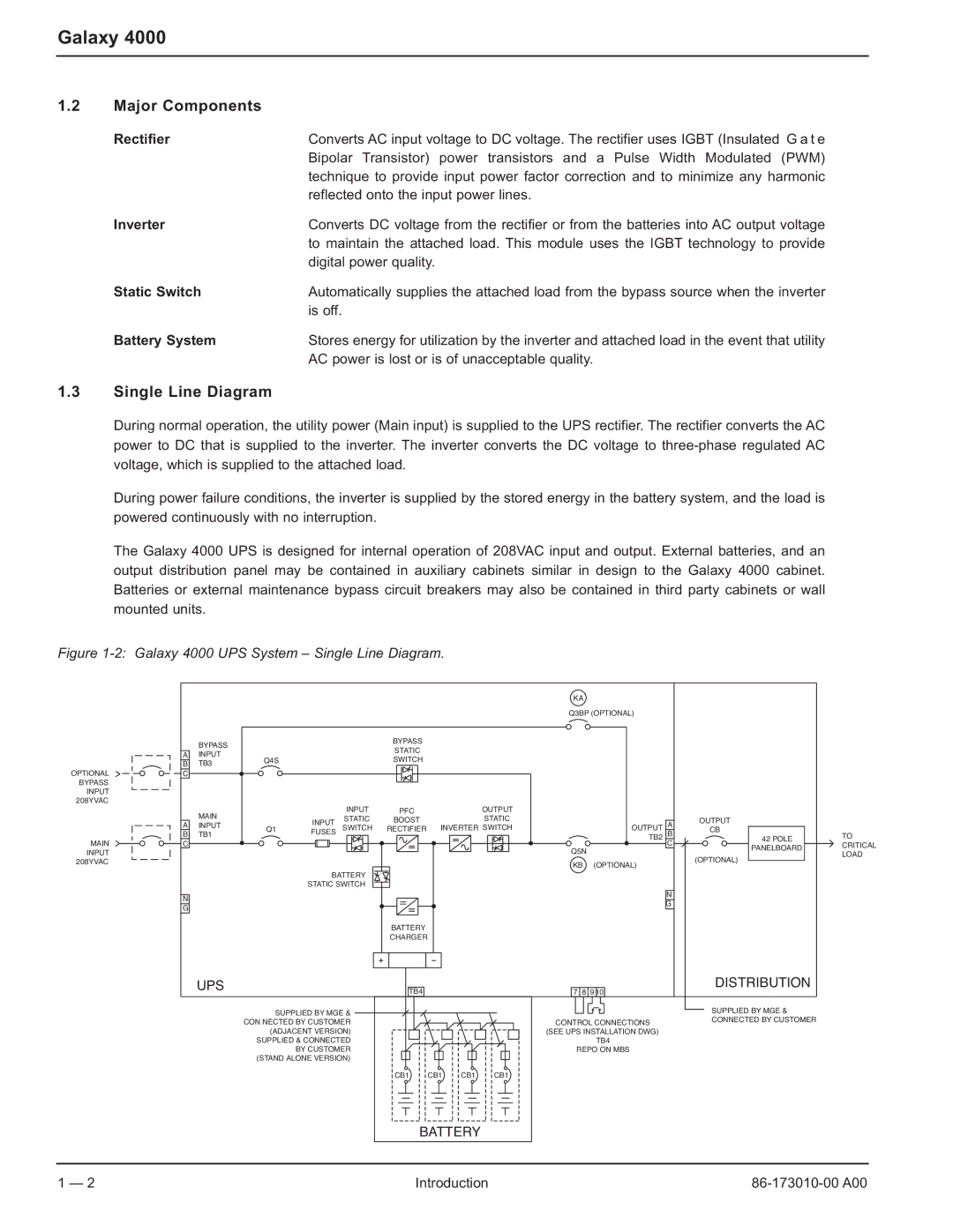 MGE UPS Systems 40-75KVA user manual Major Components, Single Line Diagram 