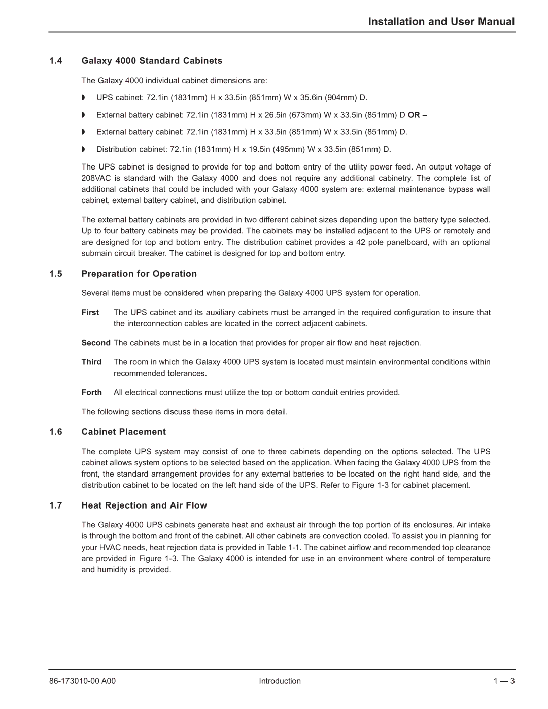 MGE UPS Systems 40-75KVA user manual Galaxy 4000 Standard Cabinets, Preparation for Operation, Cabinet Placement 